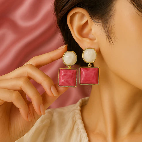 Pink Tone Geometric Drop Earring