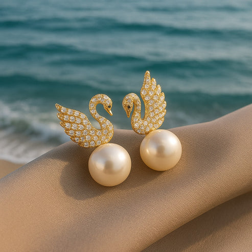 Swan Pearl Crystal Drop Earrings