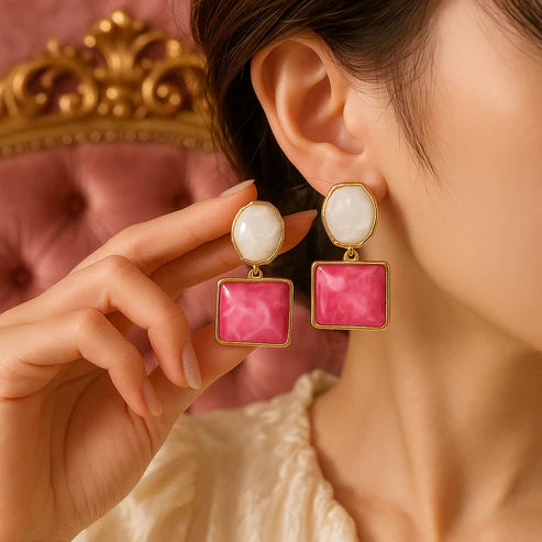Pink Tone Geometric Drop Earring