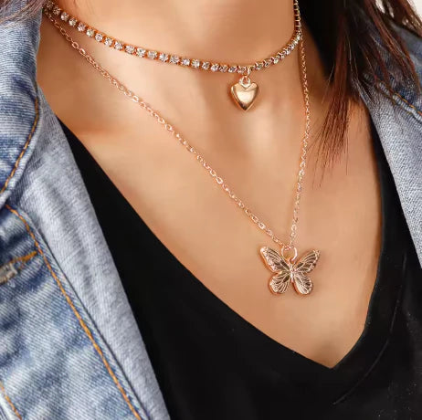 Butterfly Heart Layered Necklace