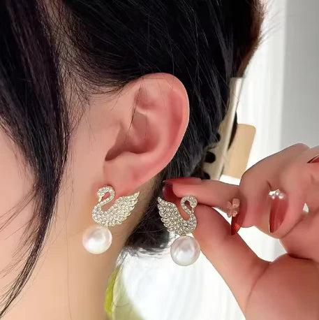 Swan Pearl Crystal Drop Earrings