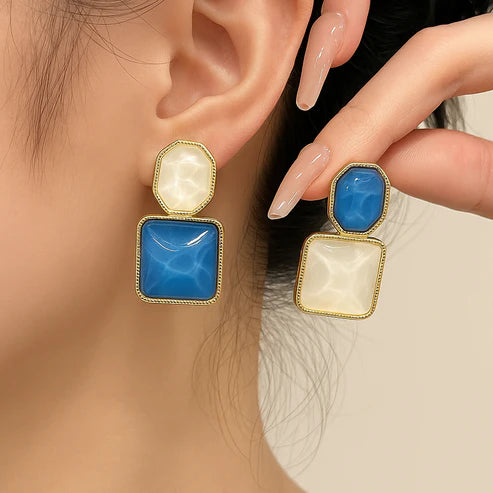 Blue White Geometric Drop Earrings