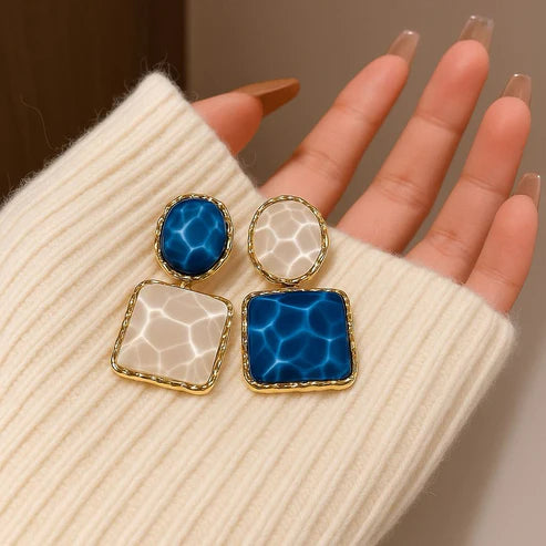 Blue White Geometric Drop Earrings