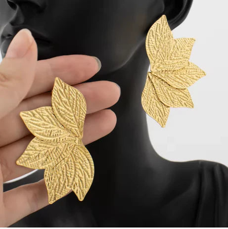 Oversized Gold Leaf Statement Earrings